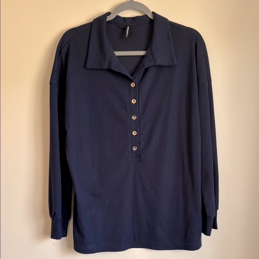 JustFashionNow Navy Ribbed Polo Shirt Size Large